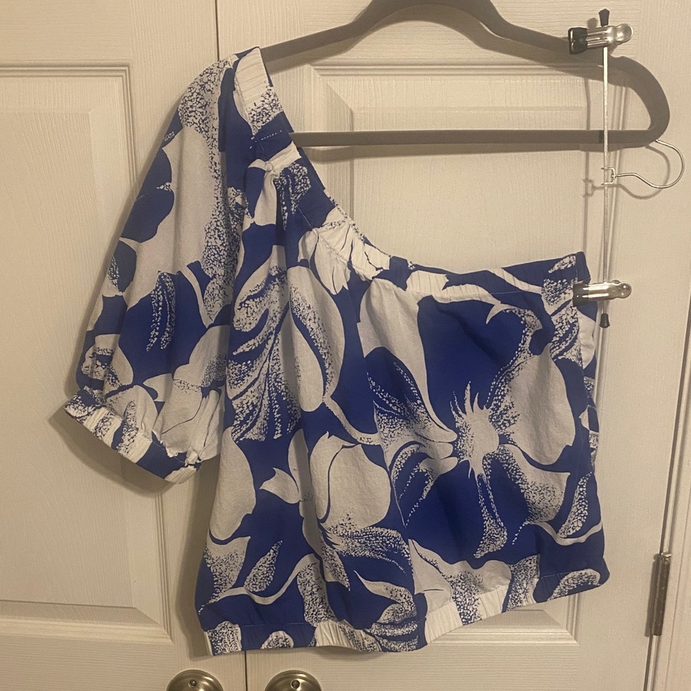 Wonderly Asymmetrical Blue and White Floral Blouse